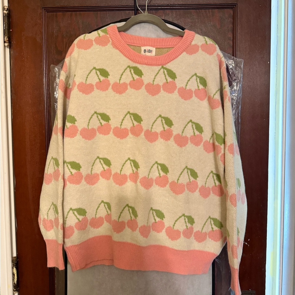 BiBi Cream Sweater with Pink and Green Cherry Design
